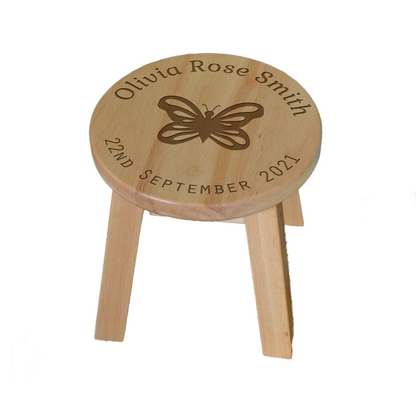 Personalised Children's Stool Date of Birth with Football Butterfly Teddy Flower or Bicycle