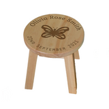 Personalised Children's Stool Date of Birth with Football Butterfly Teddy Flower or Bicycle