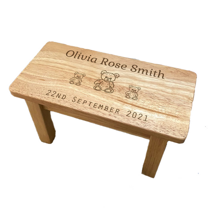 Personalised Children's Rectangle Stool Date of Birth with Football Butterfly Teddy Flower or Bicycle