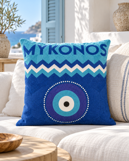 Mykonos Evil Eye Needlepoint Pillow