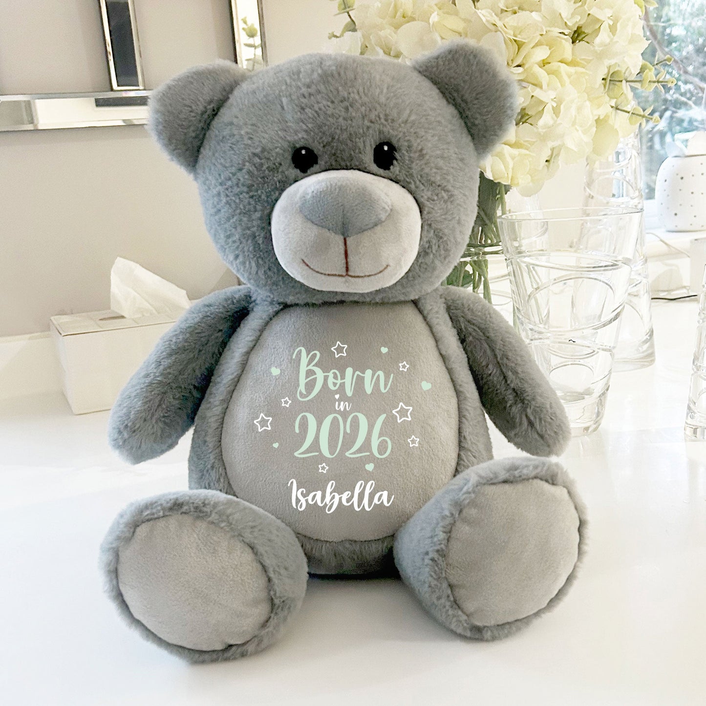 Personalised Born in 2026 Grey Plush Teddy Bear 42cm | New Baby or Christening Gift