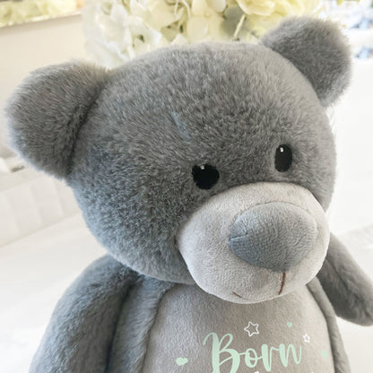 Personalised Born in 2026 Grey Plush Teddy Bear 42cm | New Baby or Christening Gift