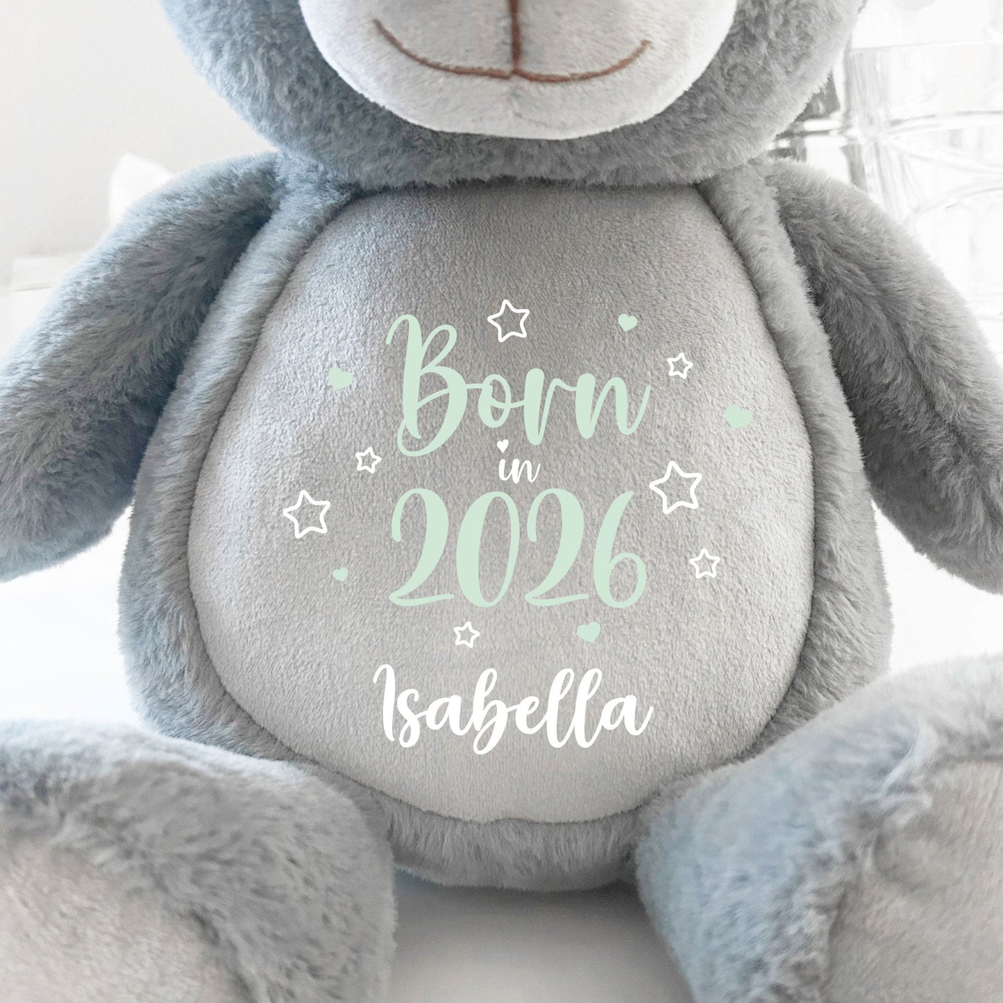 Personalised Born in 2026 Grey Plush Teddy Bear 42cm | New Baby or Christening Gift