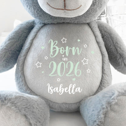 Personalised Born in 2026 Grey Plush Teddy Bear 42cm | New Baby or Christening Gift