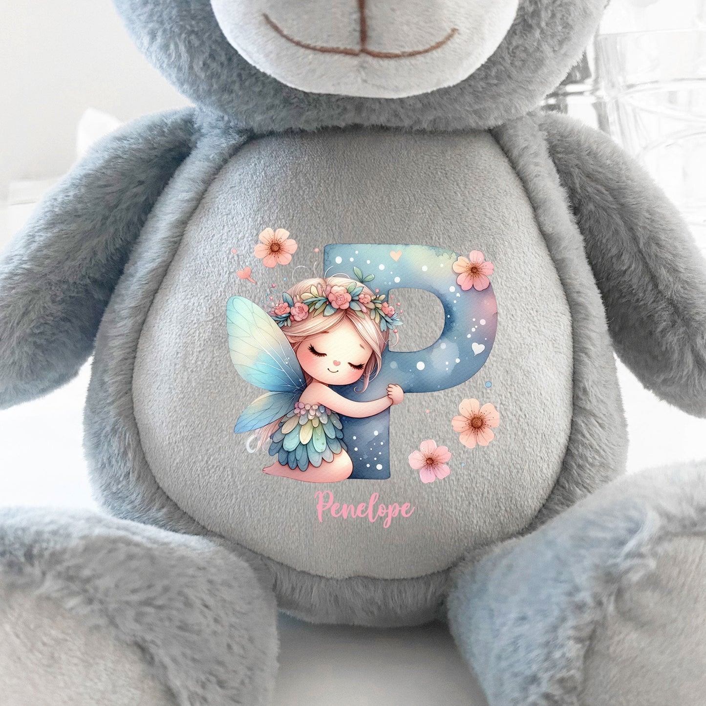 Personalised Fairy Alphabet Grey Plush Teddy Bear 42cm | New Baby, 1st Birthday & Christening Gift