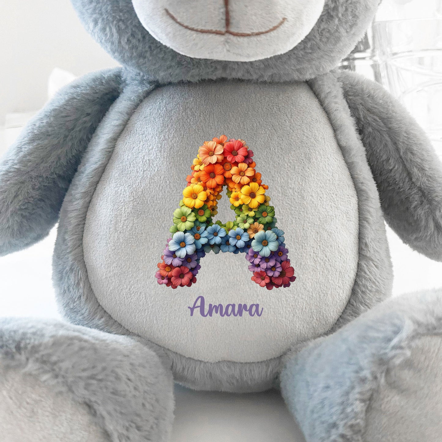 Personalised Flower Alphabet Grey Plush Teddy Bear 42cm | New Baby or Christening Gift