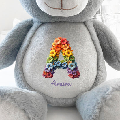 Personalised Flower Alphabet Grey Plush Teddy Bear 42cm | New Baby or Christening Gift