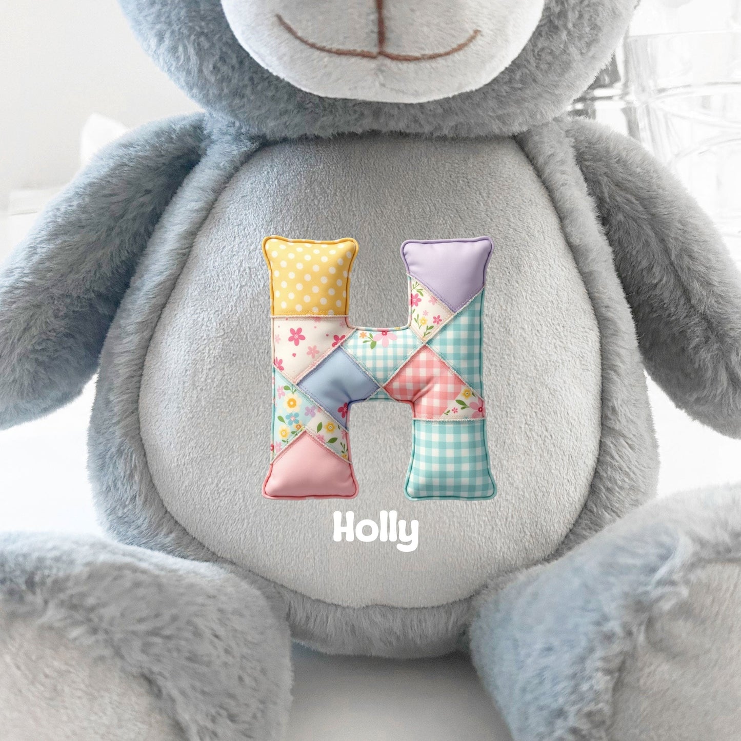 Personalised Patchwork Alphabet Grey Plush Teddy Bear 42cm | New Baby or Christening Gift