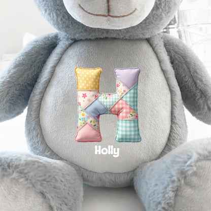 Personalised Patchwork Alphabet Grey Plush Teddy Bear 42cm | New Baby or Christening Gift