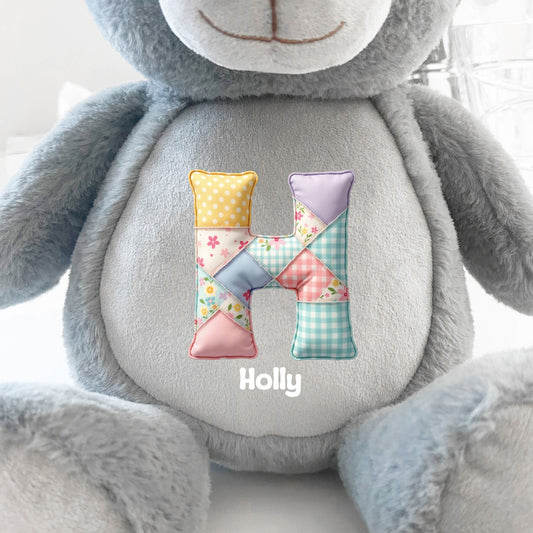 Personalised Patchwork Alphabet Grey Plush Teddy Bear 42cm | New Baby or Christening Gift