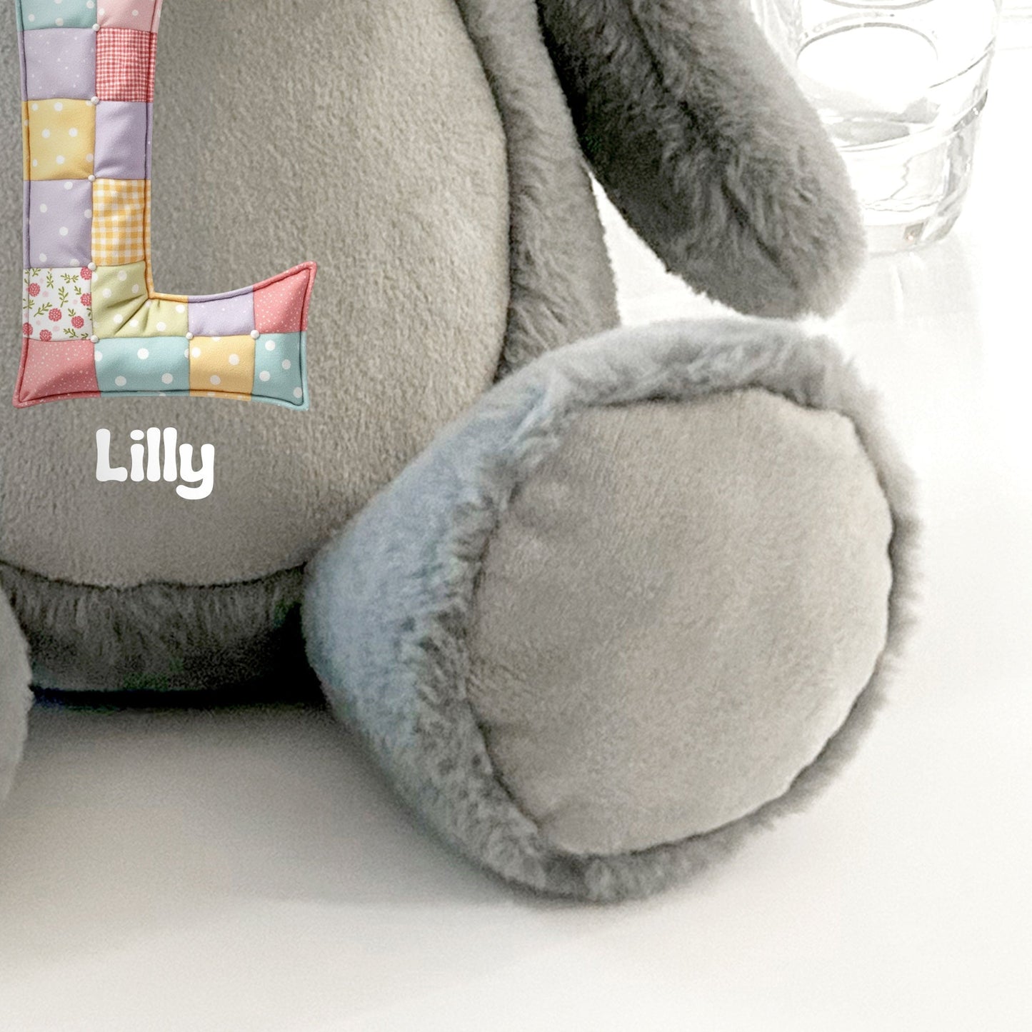 Personalised Patchwork Alphabet Grey Plush Teddy Bear 42cm | New Baby or Christening Gift