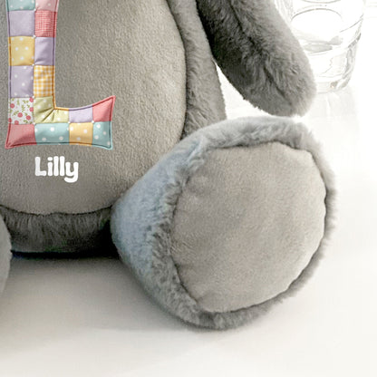 Personalised Patchwork Alphabet Grey Plush Teddy Bear 42cm | New Baby or Christening Gift