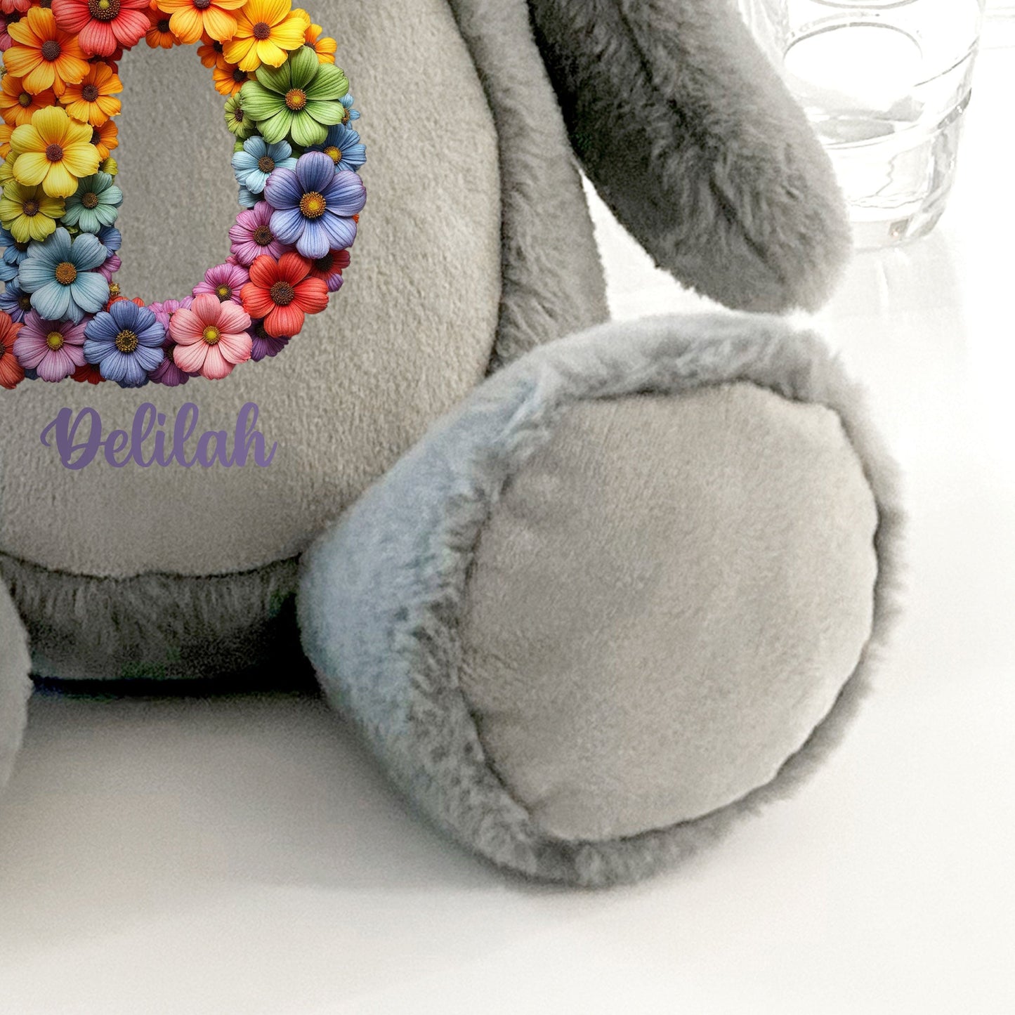 Personalised Flower Alphabet Grey Plush Teddy Bear 42cm | New Baby or Christening Gift