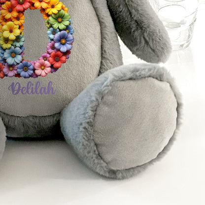 Personalised Flower Alphabet Grey Plush Teddy Bear 42cm | New Baby or Christening Gift