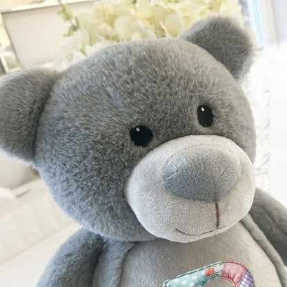 Personalised Patchwork Alphabet Grey Plush Teddy Bear 42cm | New Baby or Christening Gift