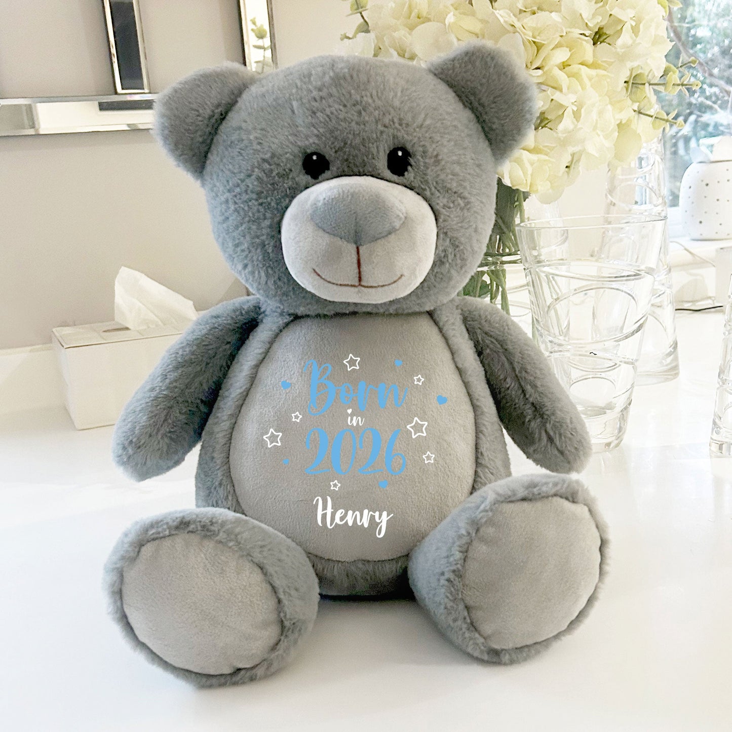 Personalised Born in 2026 Grey Plush Teddy Bear 42cm | New Baby or Christening Gift
