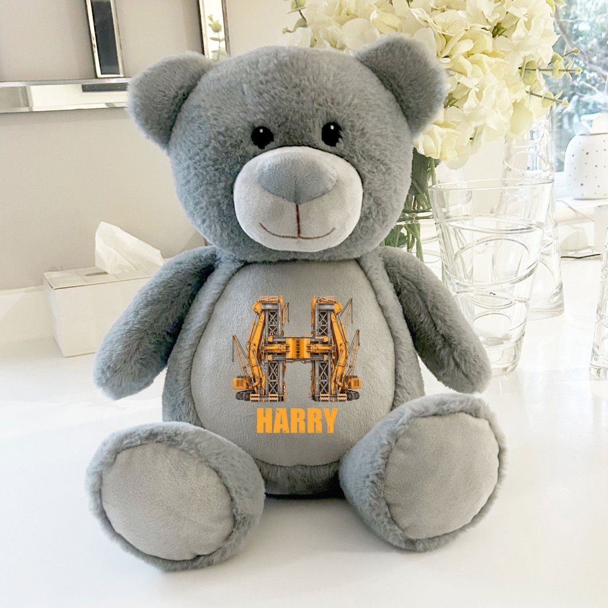 Personalised Construction Alphabet Grey Plush Teddy Bear 42cm | Kids Birthday or Christening Gift - The Lovely Keepsake Company