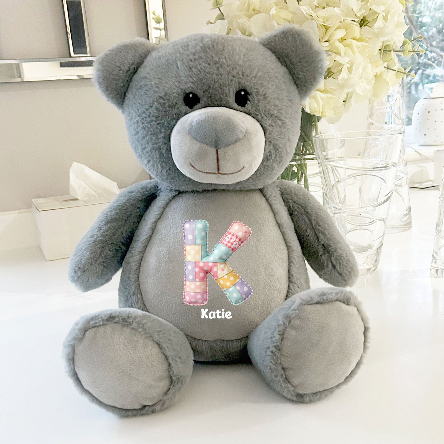 Personalised Patchwork Alphabet Grey Plush Teddy Bear 42cm | New Baby or Christening Gift
