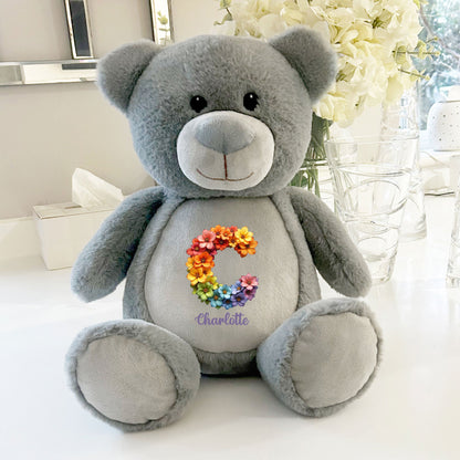 Personalised Flower Alphabet Grey Plush Teddy Bear 42cm | New Baby or Christening Gift