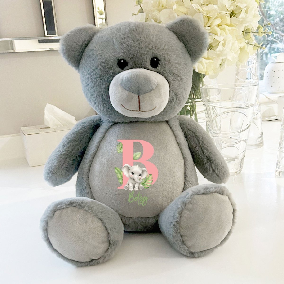 Personalised Animal Alphabet Grey Teddy Bear | New Baby, 1st Birthday or Christening Gift - The Lovely Keepsake Company