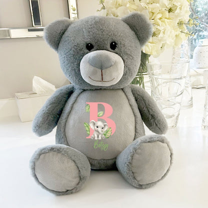 Personalised Animal Alphabet Grey Teddy Bear | New Baby, 1st Birthday or Christening Gift - The Lovely Keepsake Company