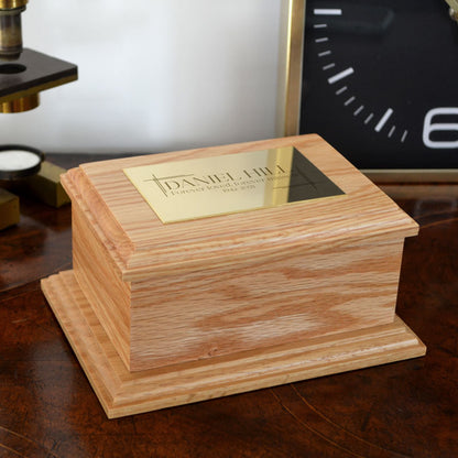 Personalised Oak Urn with Modern Engraving on Brass Effect Plaque