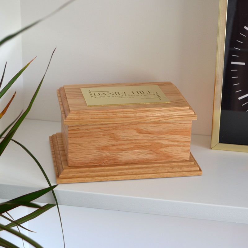 Personalised Oak Urn with Modern Engraving on Brass Effect Plaque