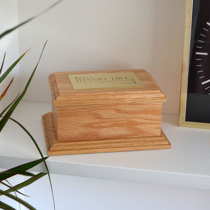 Personalised Oak Urn with Modern Engraving on Brass Effect Plaque