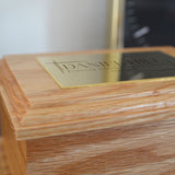 Personalised Oak Urn with Modern Engraving on Brass Effect Plaque