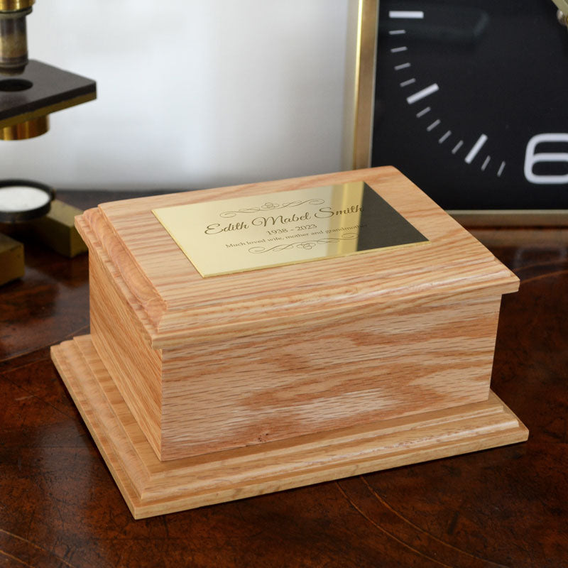 Personalised Wooden Urn – Oak Urn with Swirl Engraving on Brass Effect Plaque