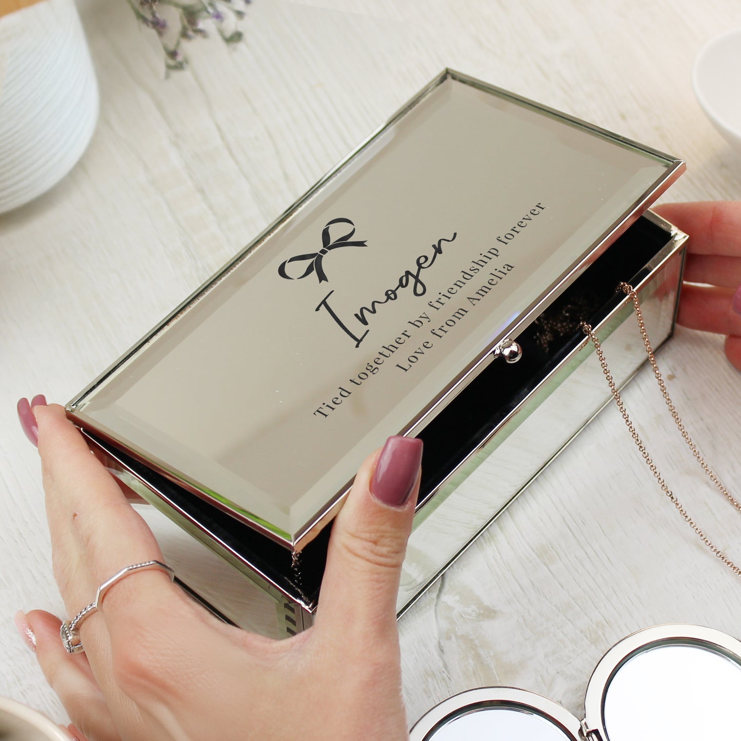 Personalised Bow Mirrored Jewellery Box