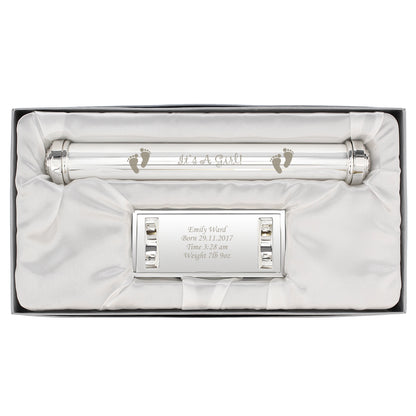 Personalised Its A Girl Silver Plated Certificate Holder