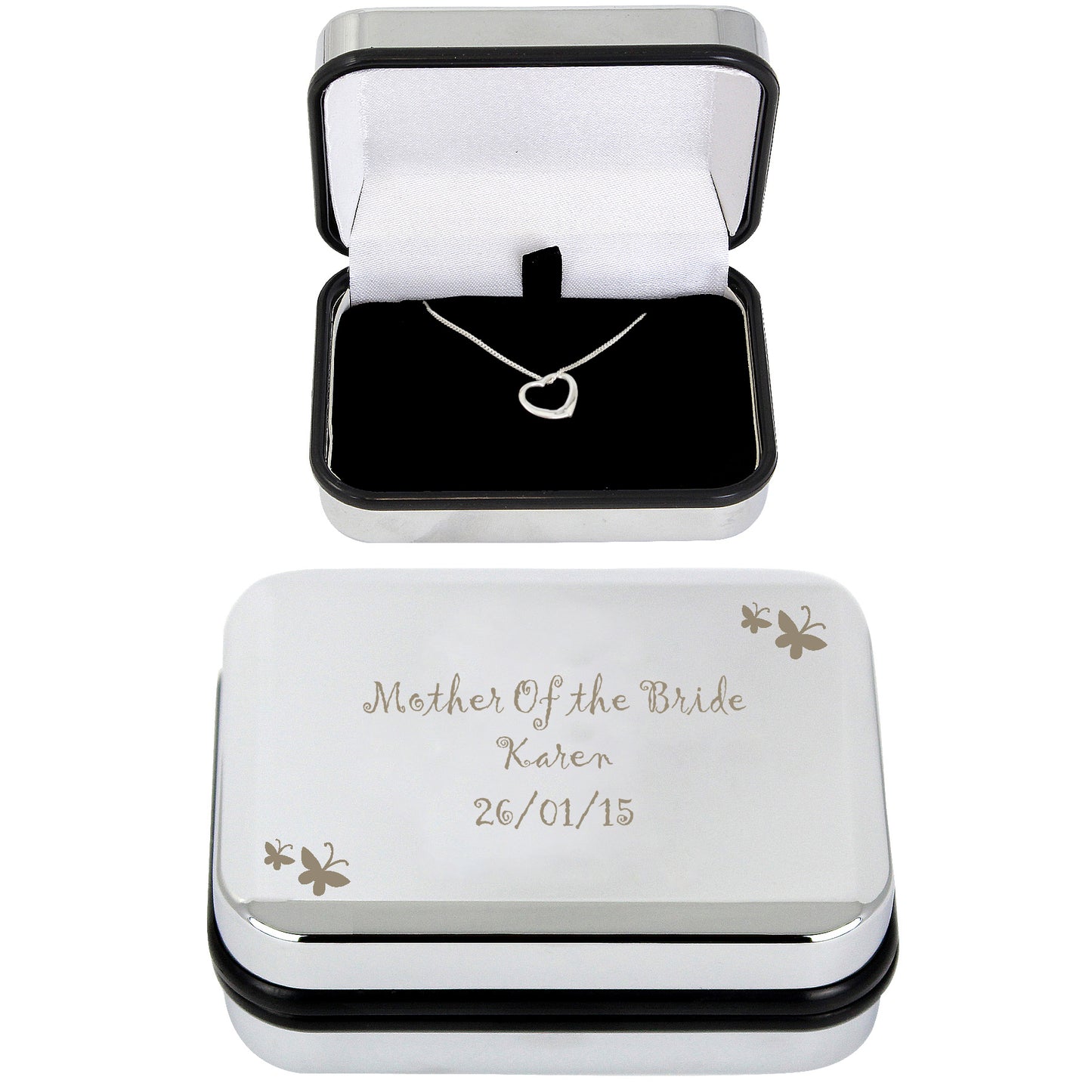 Personalised Butterfly Sterling Silver Heart Necklace and Box