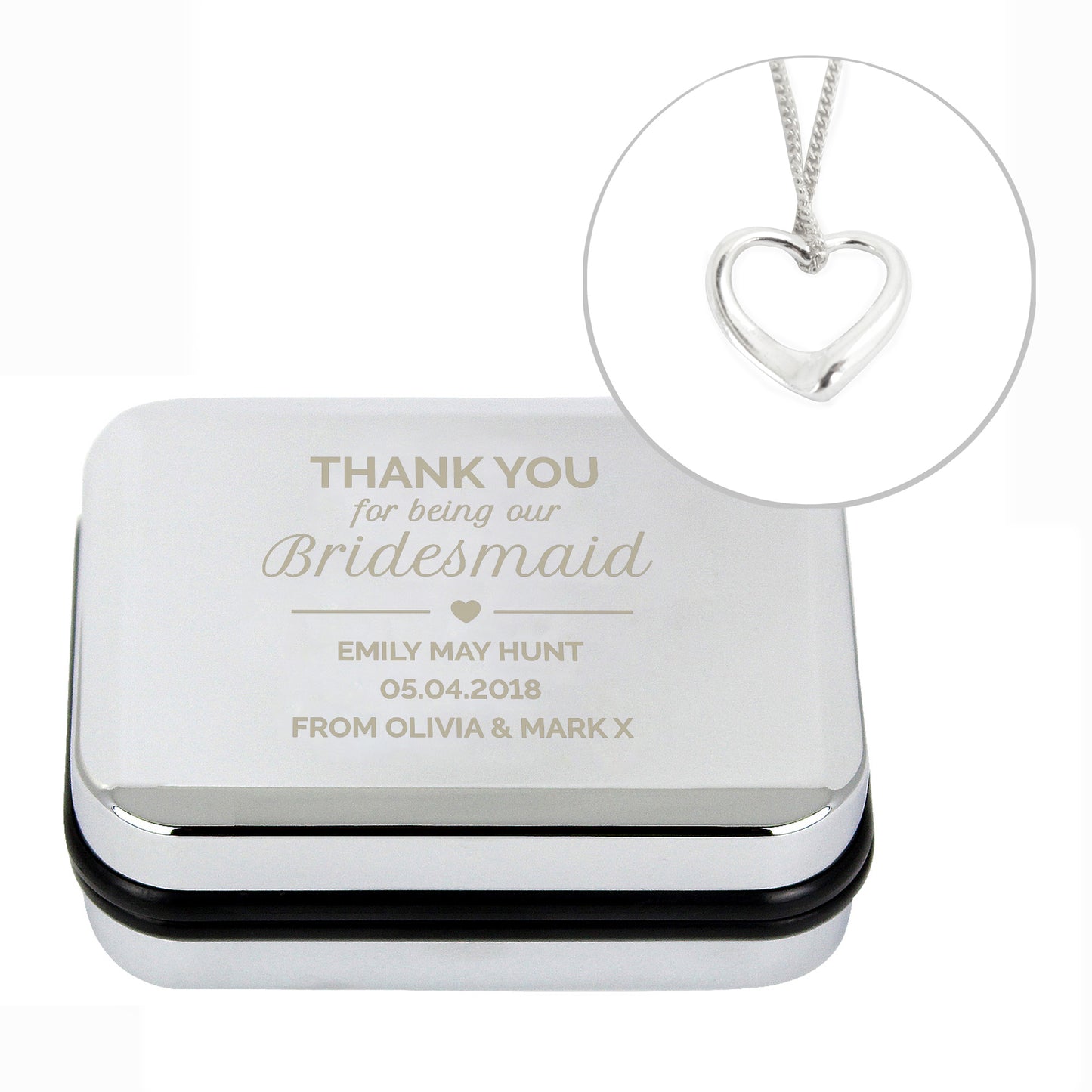 Personalised Bridesmaid Box and Sterling Silver Heart Necklace