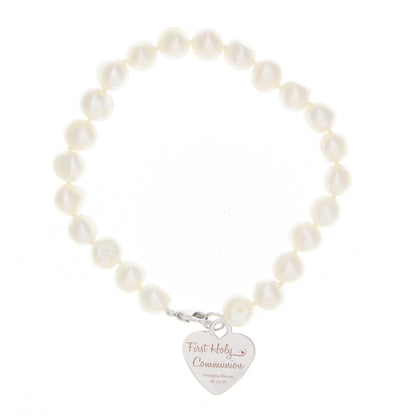 Personalised First Holy Communion Swirls & Hearts White Freshwater Pearl Bracelet