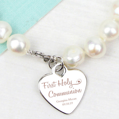 Personalised First Holy Communion Swirls & Hearts White Freshwater Pearl Bracelet