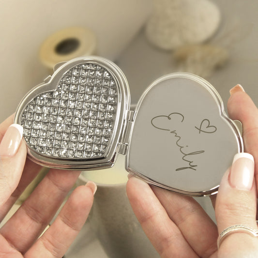 Personalised Name Diamante Heart Compact Mirror