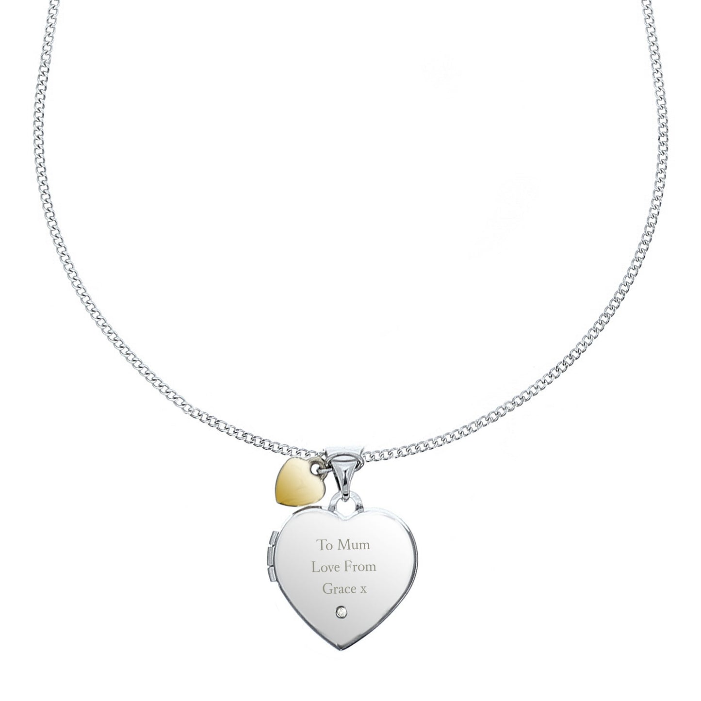 Personalised Sterling Silver Heart Locket Necklace with Diamond & 9ct Gold Charm
