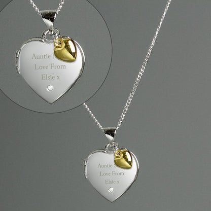Personalised Sterling Silver Heart Locket Necklace with Diamond & 9ct Gold Charm