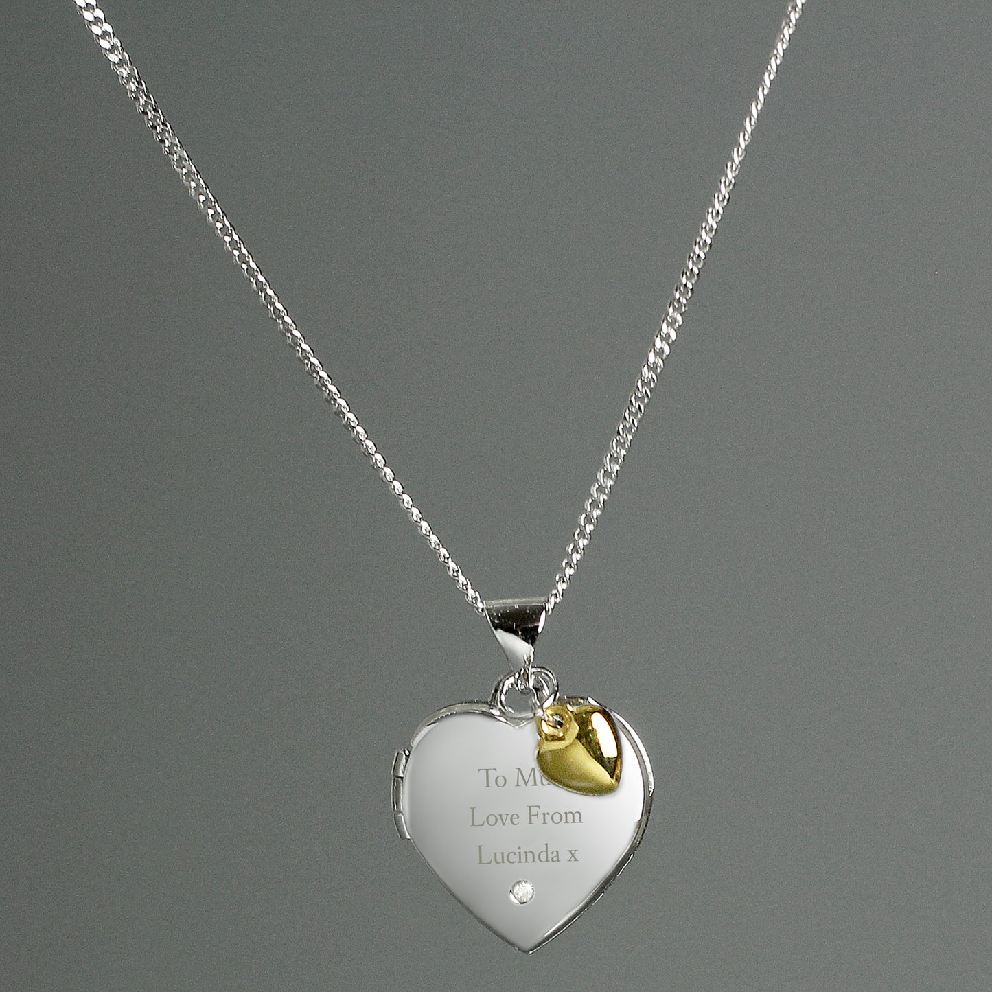 Personalised Sterling Silver Heart Locket Necklace with Diamond & 9ct Gold Charm
