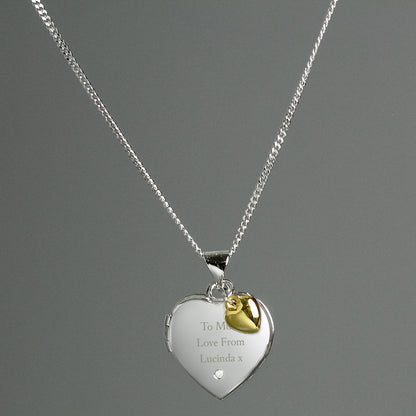 Personalised Sterling Silver Heart Locket Necklace with Diamond & 9ct Gold Charm