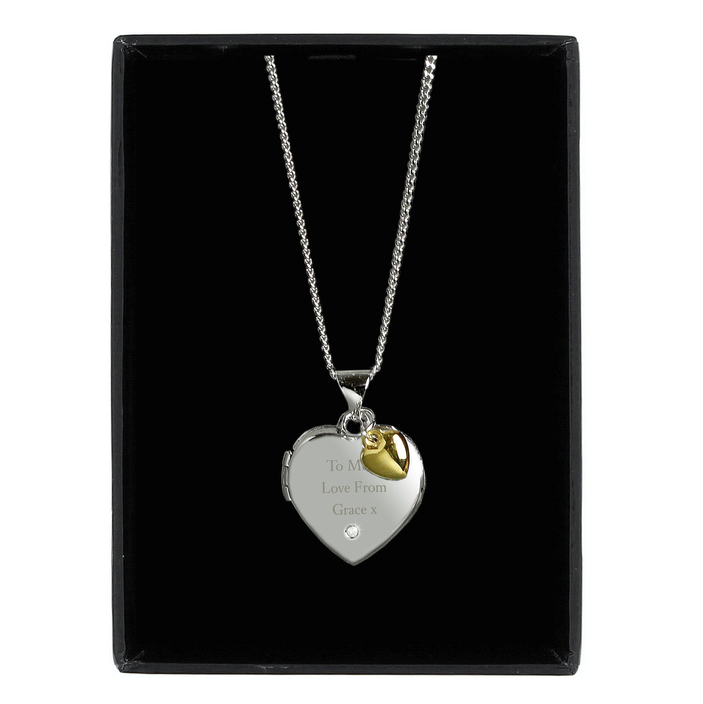 Personalised Sterling Silver Heart Locket Necklace with Diamond & 9ct Gold Charm