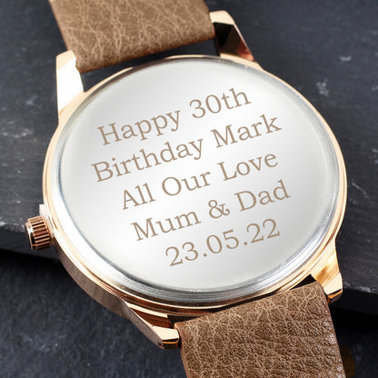 Personalised Mens Rose Gold Tone Watch with Brown Strap and Presentation Box