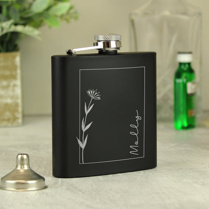 Personalised Monochrome Floral Name Black Hip Flask