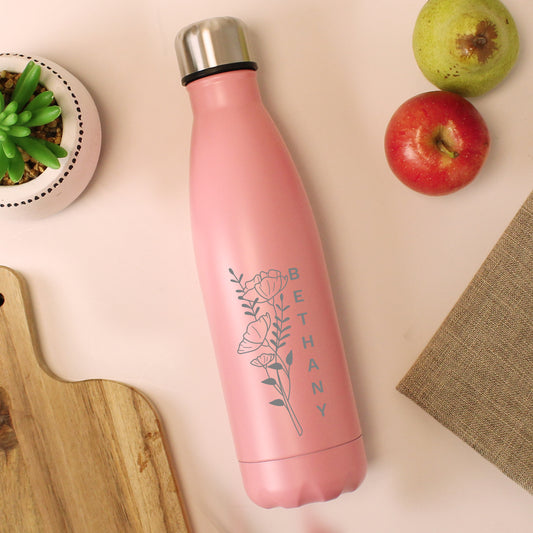 Personalised Floral Pink Metal Insulated Drinks Bottle