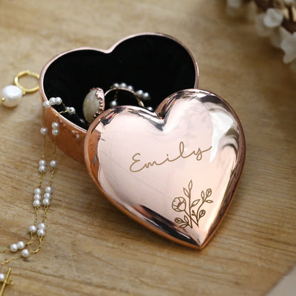 Personalised Floral Rose Gold Heart Trinket Box