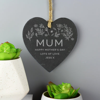 Personalised Engraved Botanical Slate Heart Decoration