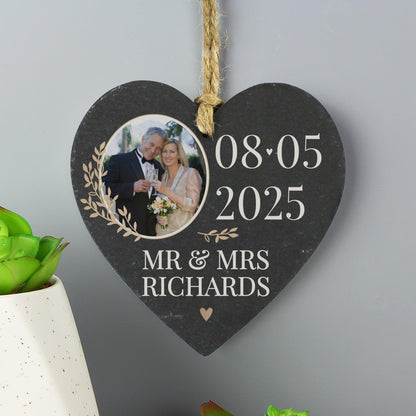 Personalised Large Date Photo Upload Slate Heart Decoration