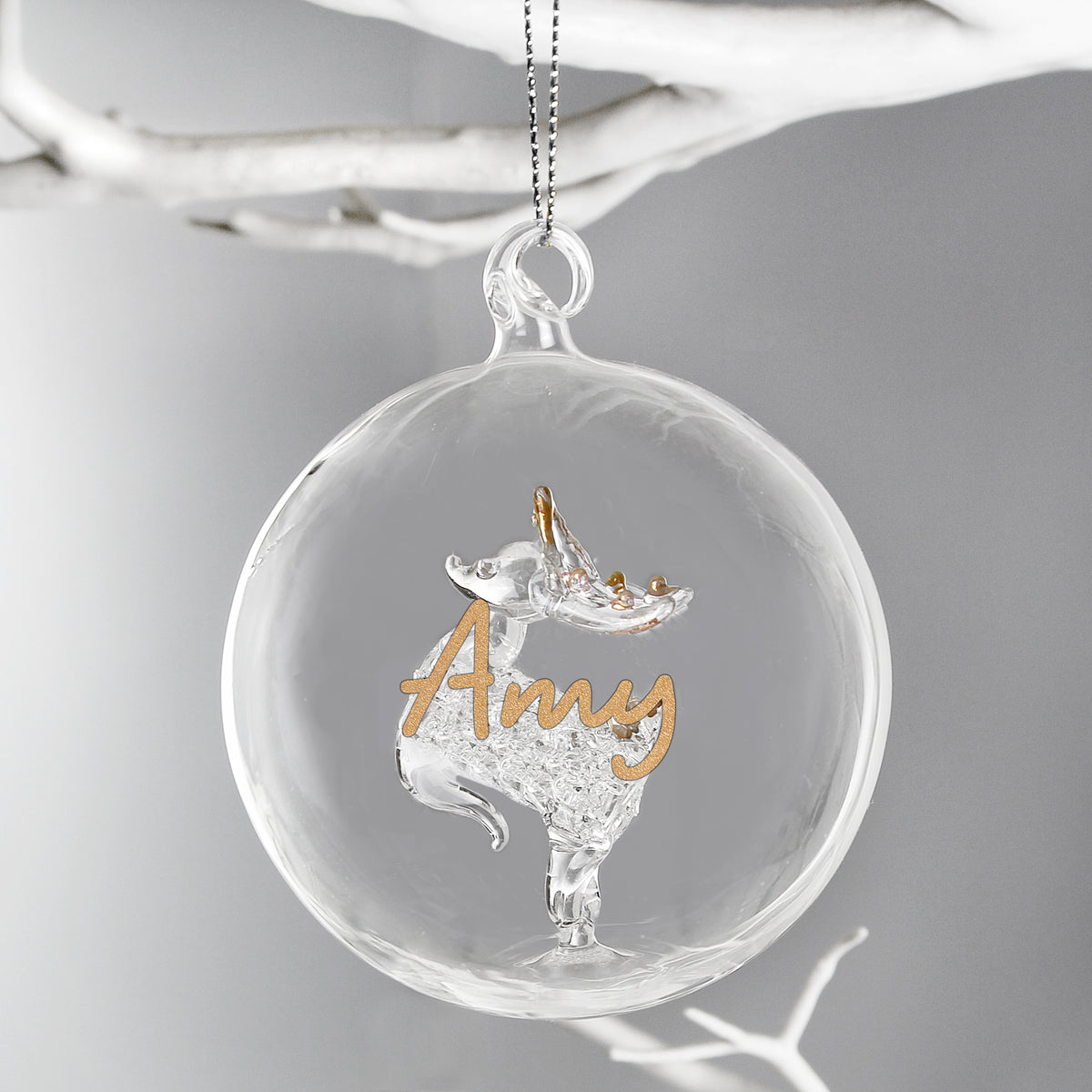 Personalised Gold Glitter Name Only Reindeer Glass Bauble