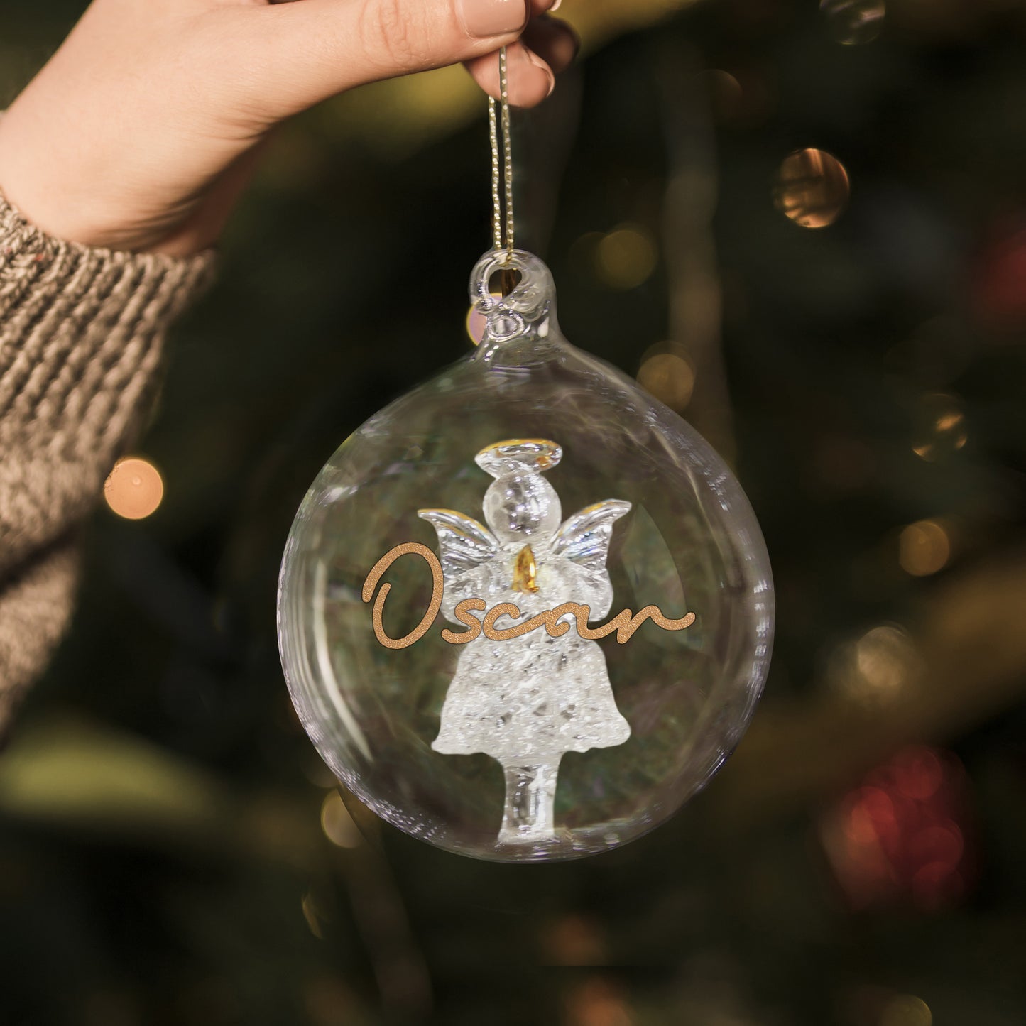 Personalised Gold Glitter Name Only Angel Glass Bauble